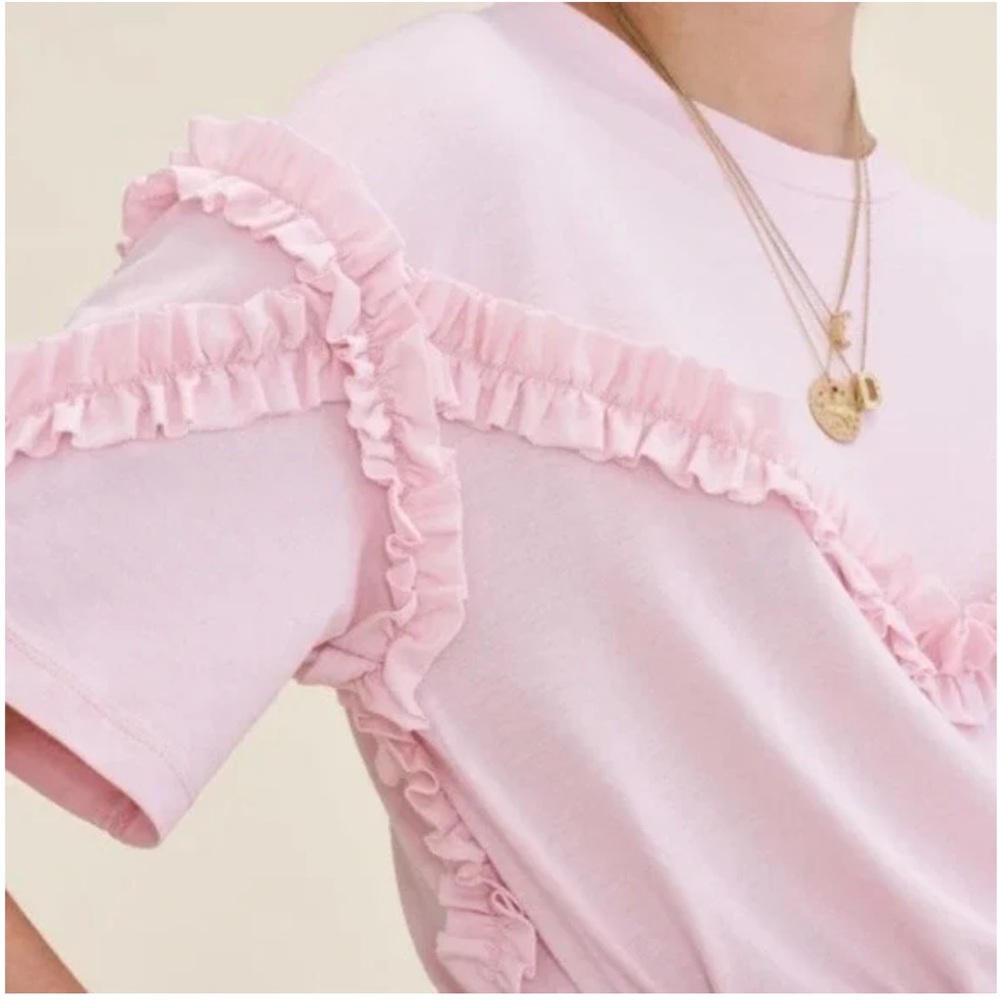 MAJE rose light pink Tournoi ruffle frill stripe detail T-shirt top - Picture 3 of 9